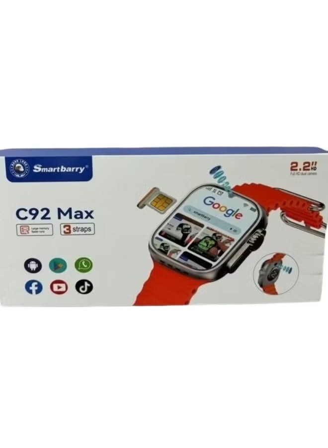 Smartbarry ساعة C92 ماكس الذكية بنظام أندرويد | شاشة تعمل باللمس بالكامل 1.75 بوصة، دعم شريحة SIM، متتبع للياقة البدنية، مراقب لمعدل ضربات القلب والنوم، عداد خطوات، إشعارات ذكية، أوضاع رياضية - Image 1